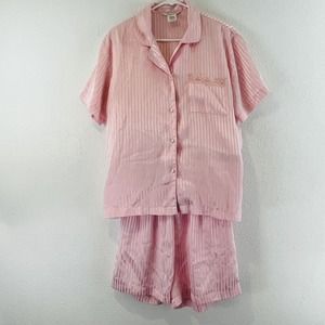 Womens M Secret Treasures Pajama Set Pink Satin Top Sleep Shorts‎